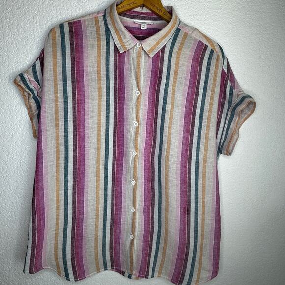 Beach Lunch Lounge Striped Linen Cotton Blend Short Sleeve Camp Shirt Large - Picture 2 of 9